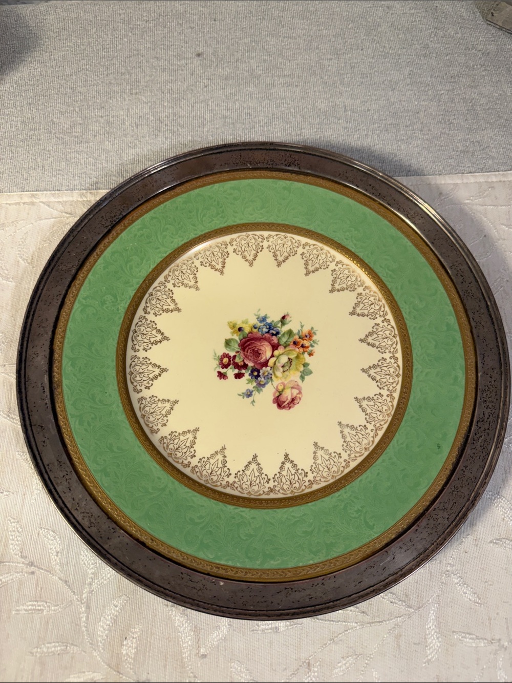 Vintage Art B China Floral Cabinet Plate Heavy Gold Gilt & Silver Tone Rim 12”